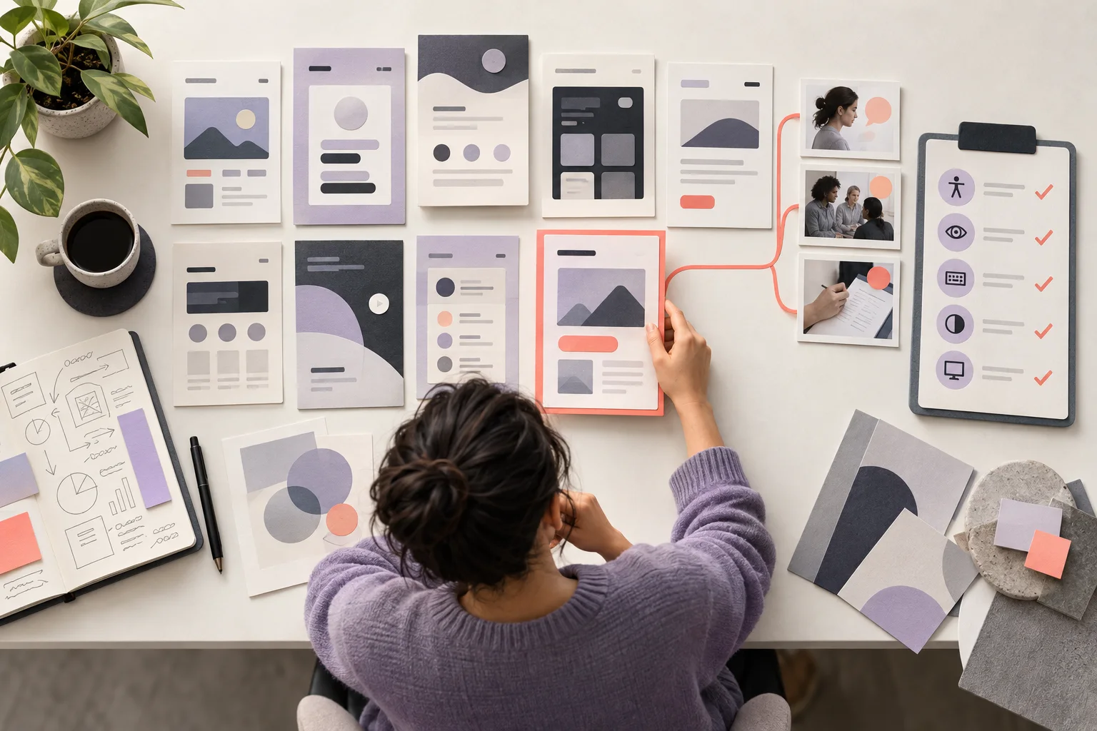 A designer reviewing interface concepts alongside user research and an accessibility checklist