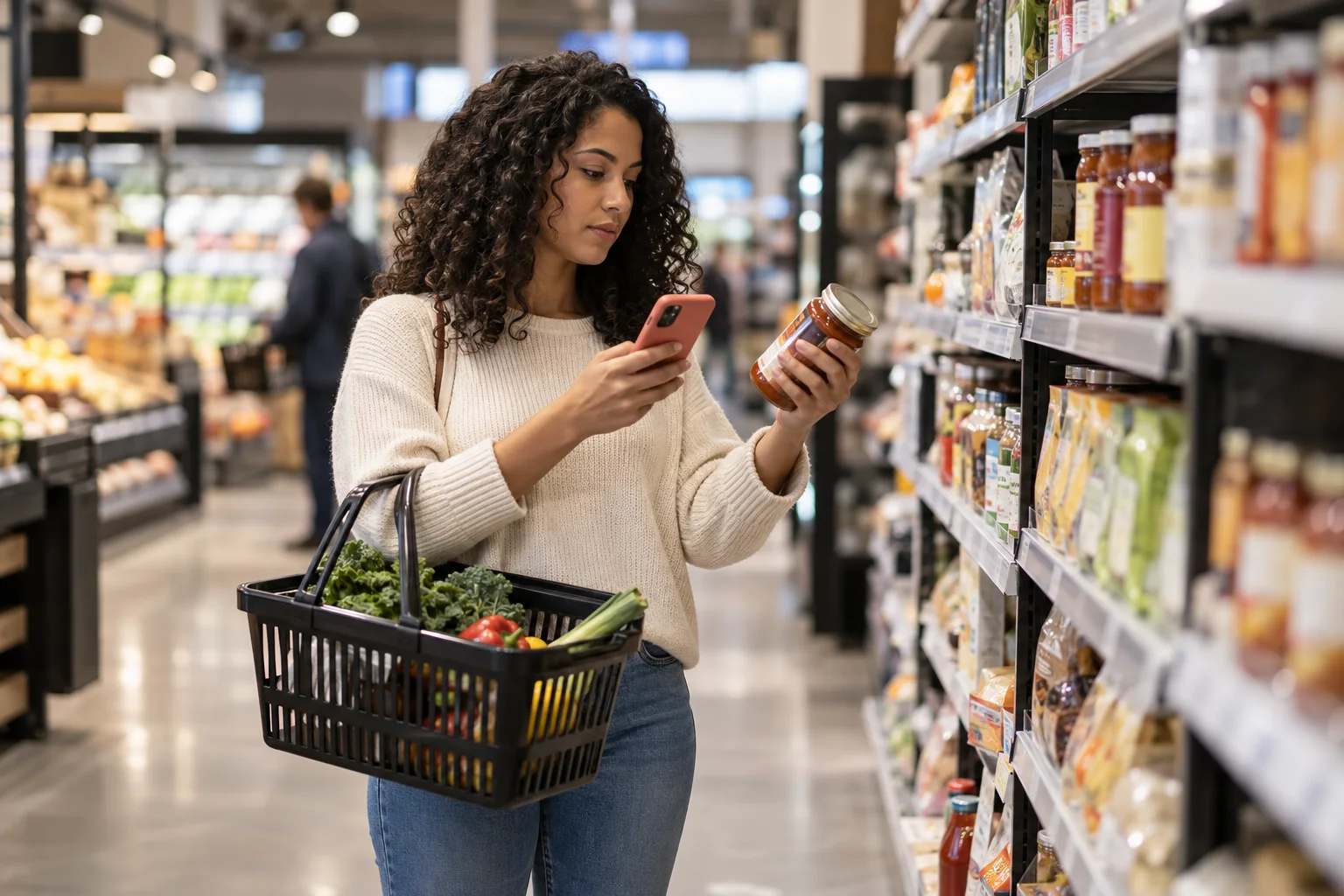 A shopper using a phone to scan a grocery item while holding a basket in a supermarket aisle